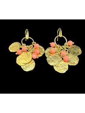Designer Bronzallure Earrings Italy Hammered Gold Plated Coins Pink Dangle Beads